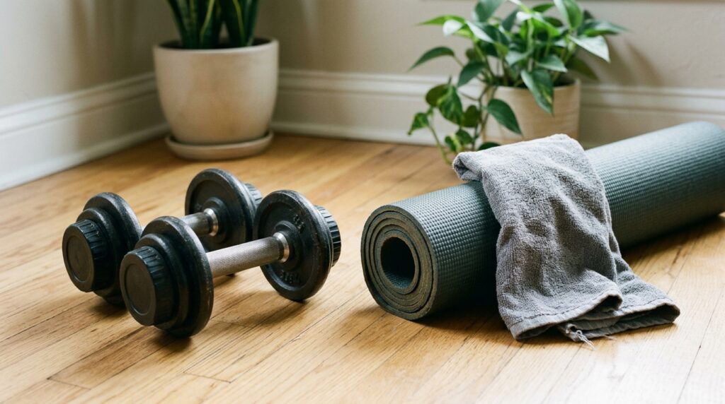 Dumbbells and exercise mat in a home workout space