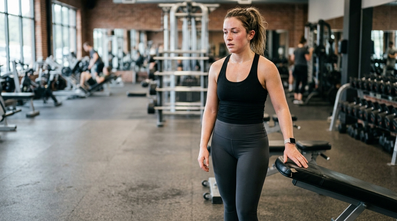 woman feeling shaky after workout in gym